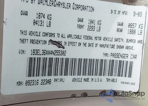 2004 Dodge Stratus Se from USA, damaged, VIN 1B3EL36XX4N255302